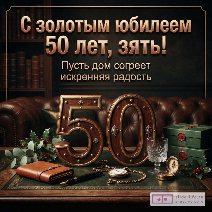Темный фон, золотые буквы. Надпись «С золотым юбилеем 50 лет, зять! Пусть дом согреет искренняя радость». Внизу крупные цифры «50» из дерева и металла, кожаный кошелек, ручка, часы, бокал, компас, подарки.