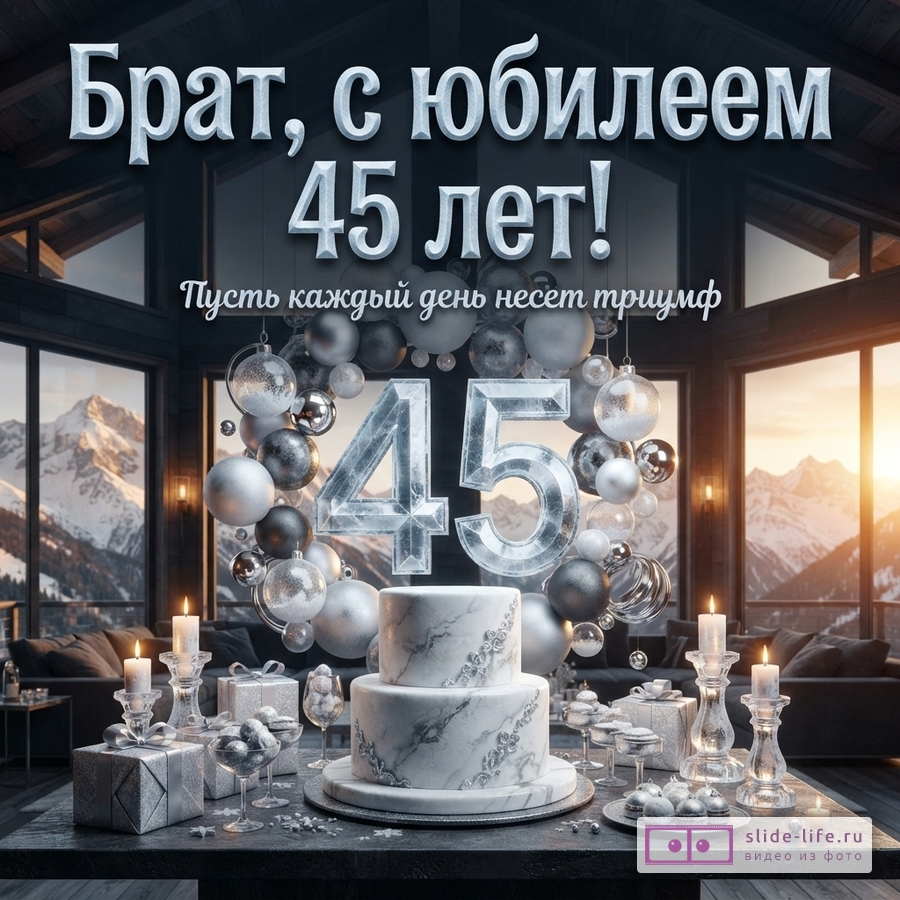 Открытка с юбилеем 45 лет. На фоне горного пейзажа интерьер с панорамными окнами. На переднем плане стол с двухъярусным тортом, подарками, свечами и сладостями. Над столом композиция из шаров и цифр «45». Текст: «Брат, с юбилеем 45 лет! Пусть каждый день несет триумф»