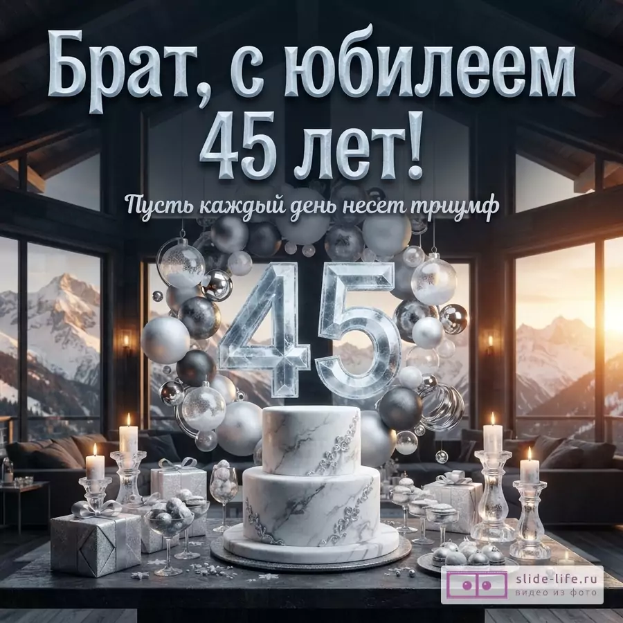 Открытка с юбилеем 45 лет. На фоне горного пейзажа интерьер с панорамными окнами. На переднем плане стол с двухъярусным тортом, подарками, свечами и сладостями. Над столом композиция из шаров и цифр «45». Текст: «Брат, с юбилеем 45 лет! Пусть каждый день несет триумф»