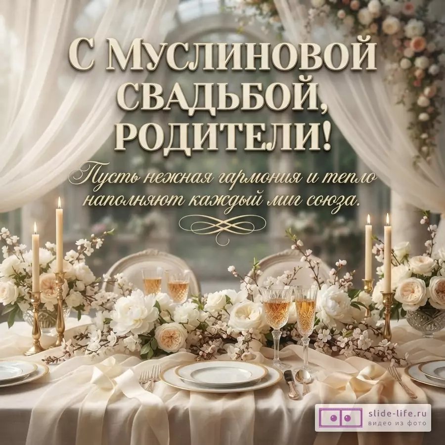 Фон бежевый, белые шторы, на переднем плане сервированный стол с белой скатертью, белыми цветами, свечами и бокалами. Текст «С Муслиновой свадьбой, родители! Пусть нежная гармония и тепло наполняют каждый миг союза.»