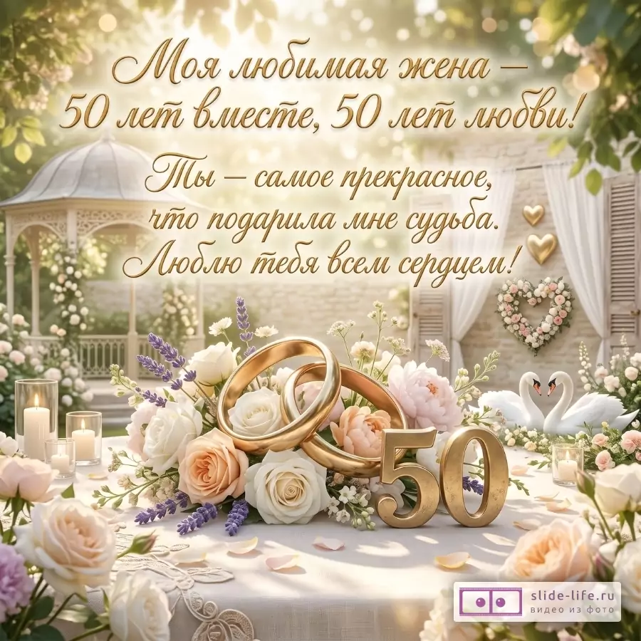 Кремово-золотой садовый фон, цветы, свечи, кольца и «50». Текст: «Моя любимая жена 50 лет вместе, 50 лет любви! Ты — самое прекрасное, что подарила мне судьба. Люблю тебя всем сердцем!»