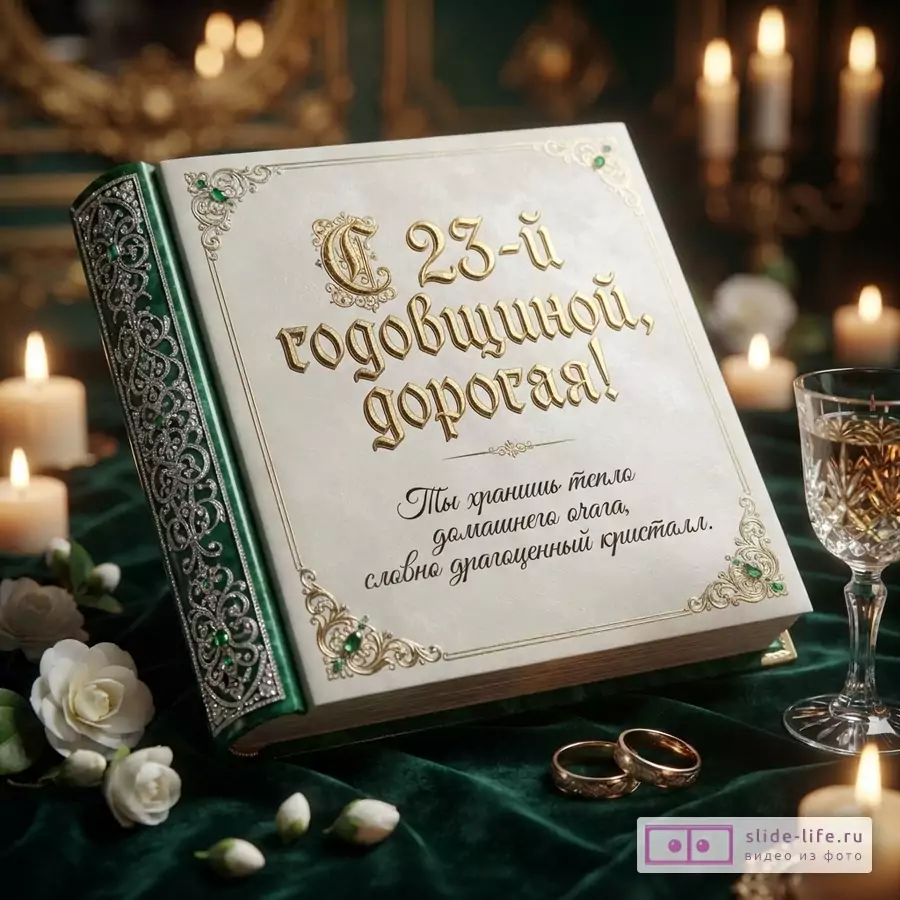Книга в белой обложке с зеленым переплетом и надписью «С 23-й годовщиной, дорогая!», рядом кольца, бокал и свечи
