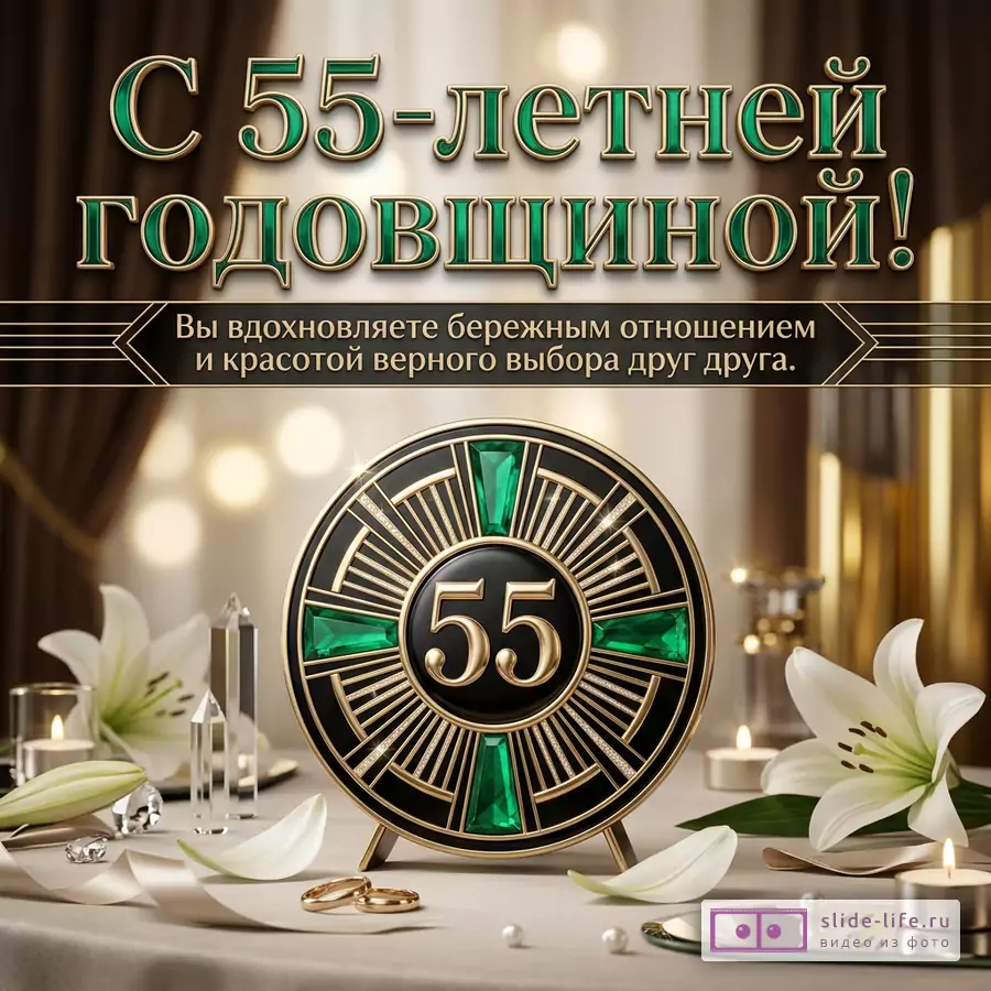 Открытка с текстом «С 55-летней годовщиной!», «Вы вдохновляете бережным отношением и красотой верного выбора друг друга.» черный, золотой и зеленый фон, круглый декор с числом «55», белые лилии, свечи, кольца, кристаллы