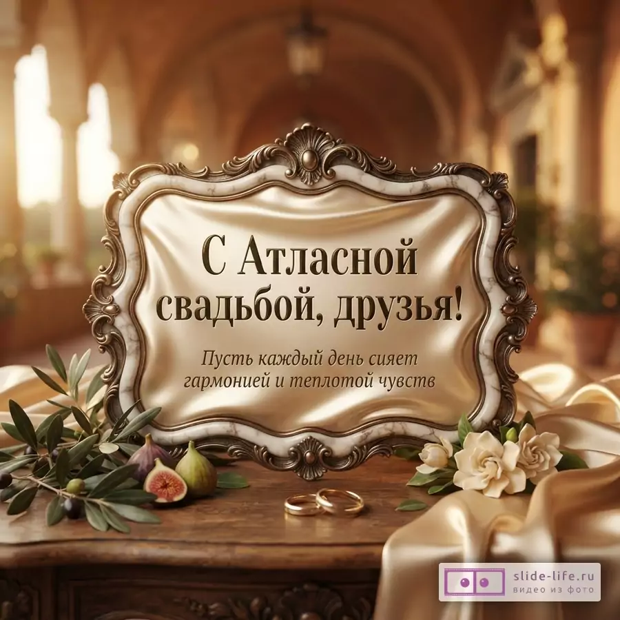 Фигурная рамка с надписью «С Атласной свадьбой, друзья! Пусть каждый день сияет гармонией и теплотой чувств» на столе с кольцами, инжиром и цветами.