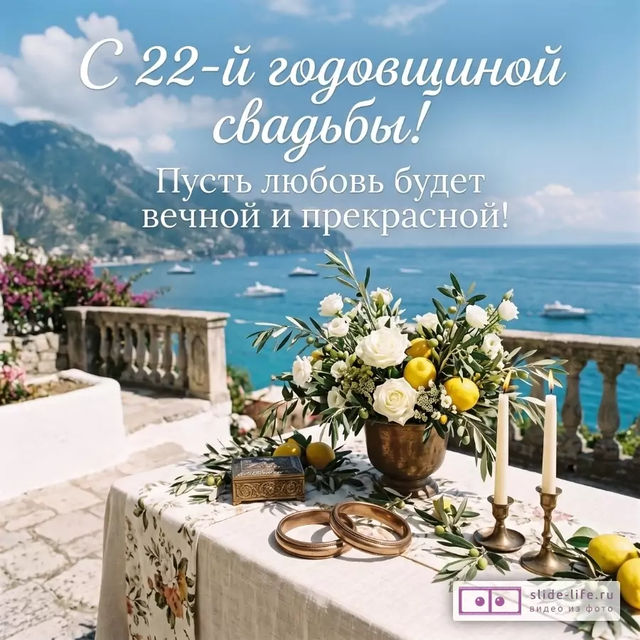 Голубое море и небо, горный берег. На столе букет с белыми цветами и лимонами, свечи, кольца, шкатулка. Текст: «С 22-й годовщиной свадьбы! Пусть любовь будет вечной и прекрасной!»