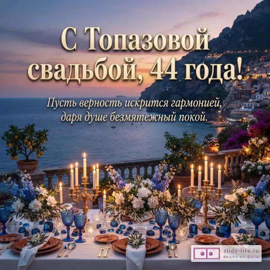 Открытка с видом на море и город на закате, на переднем плане стол с сервировкой, цветами и свечами. Текст: «С Топазовой свадьбой, 44 года! Пусть верность искрится гармонией, даря душе безмятежный покой.»