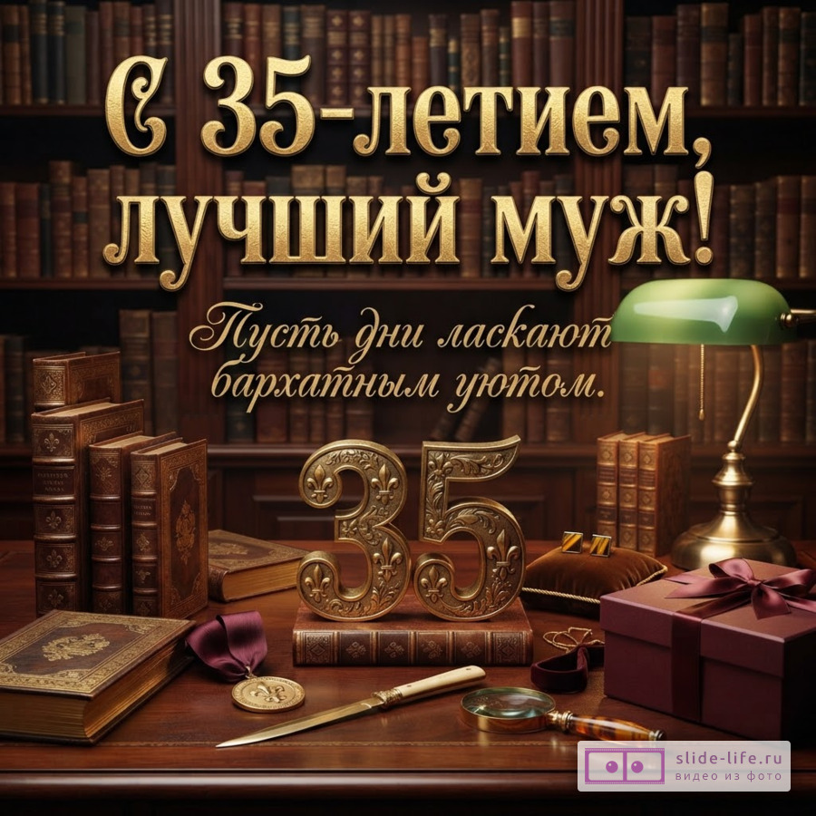 Открытка с текстом «С 35-летием, лучший муж! Пусть дни ласкают бархатным уютом.» на фоне библиотеки, с золотой цифрой 35, зелёной лампой и подарком.