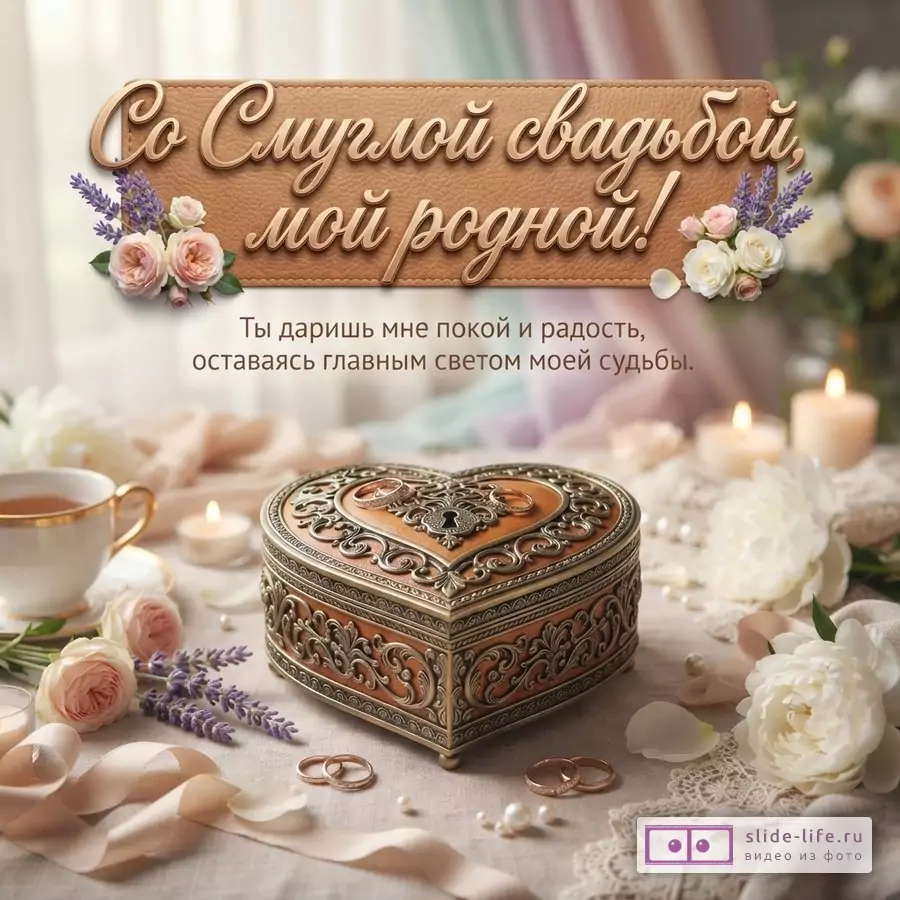 Открытка с темным фоном, розово-бежевыми цветами, лавандой, свечами и шкатулкой. Текст «Со Смуглой свадьбой, мой родной! Ты даришь мне покой и радость, оставаясь главным светом моей судьбы.»