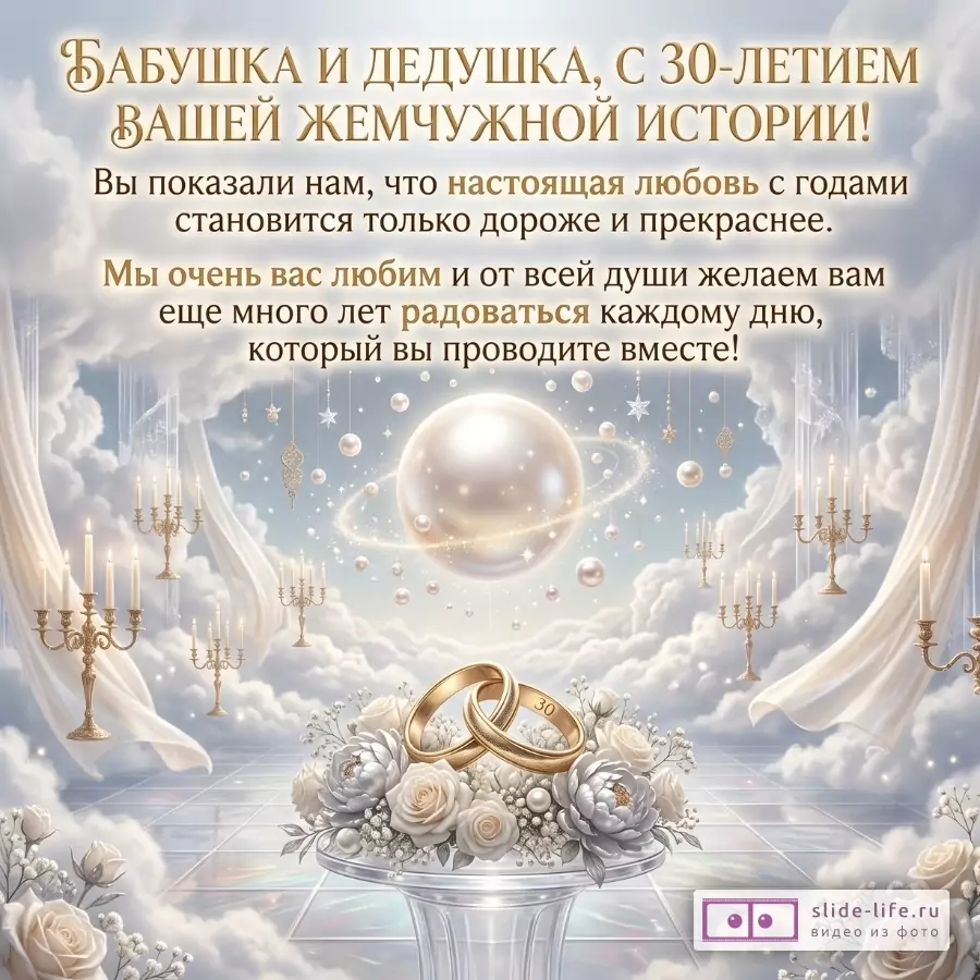 Светло-голубой и бежевый фон с облаками, жемчужным шаром, золотыми свечами и кольцами на цветах. Текст: «Бабушка и дедушка, с 30 летием вашей жемчужной истории!»