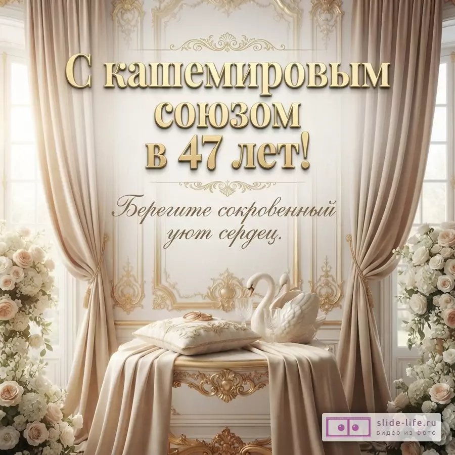 Бежевый фон, золотые шторы, белые цветы, золотой столик, две белые статуэтки лебедей, подушечка с кольцами. Текст: «С кашемировым союзом в 47 лет! Берегите сокровенный уют сердец.»