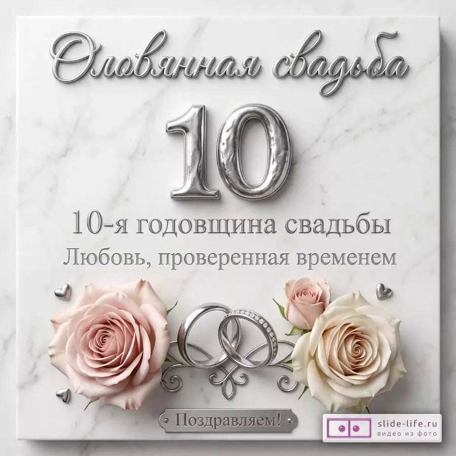 Белый мраморный фон, серебристый текст «Оловянная свадьба», «10», «10-я годовщина свадьбы», «Любовь, проверенная временем», «Поздравляем!», розы, кольца, сердечки.