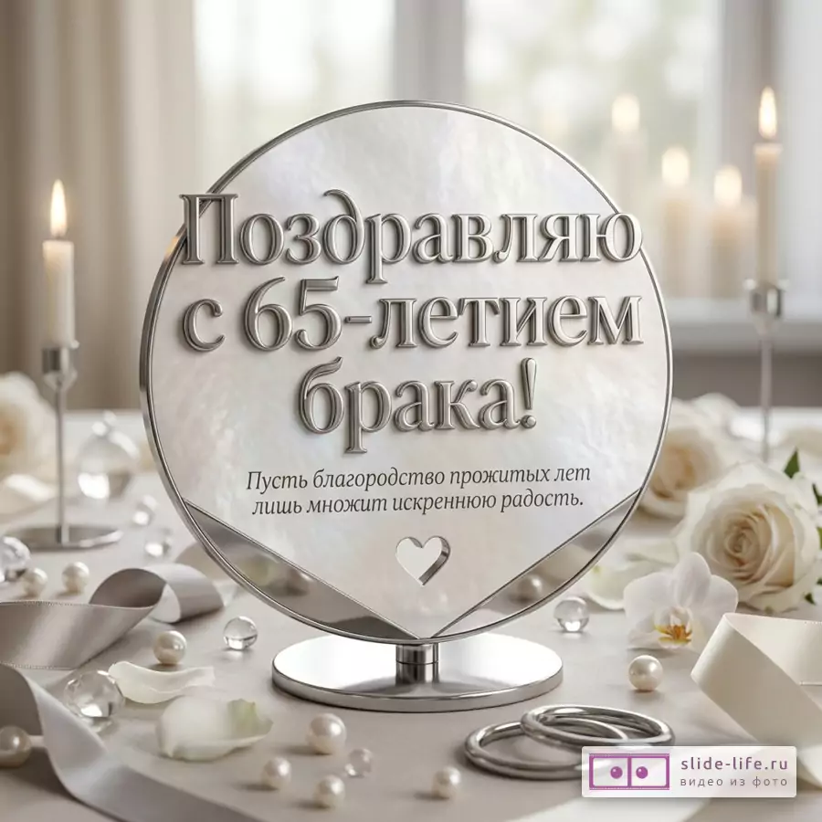 Светлый интерьер с окном и шторами, серебристая круглая декоративная рамка на подставке, свечи, белые розы, орхидея, ленты, кольца и жемчуг, текст «Поздравляю с 65-летием брака! Пусть благородство ваших лет лишь множит искреннюю радость.»