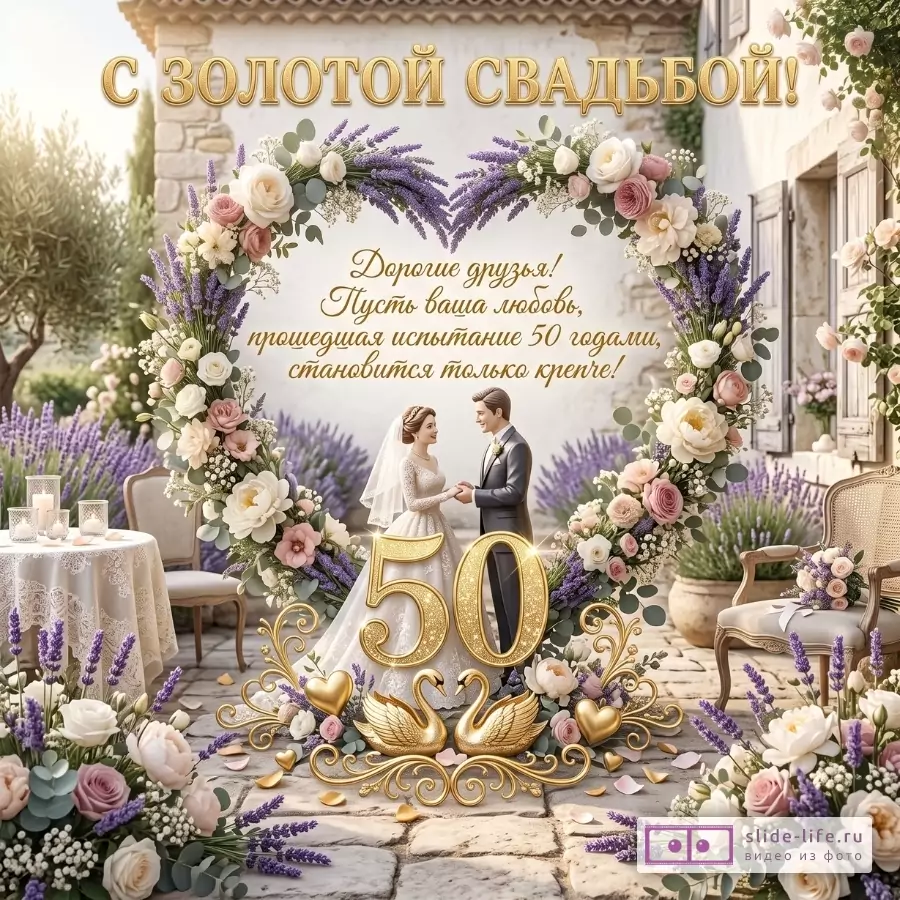 Бежево-золотой сад с цветочной аркой, парой и цифрой «50». «С ЗОЛОТОЙ СВАДЬБОЙ!» «Дорогие друзья! Пусть ваша любовь, прошедшая испытание 50 годами, становится только крепче!»