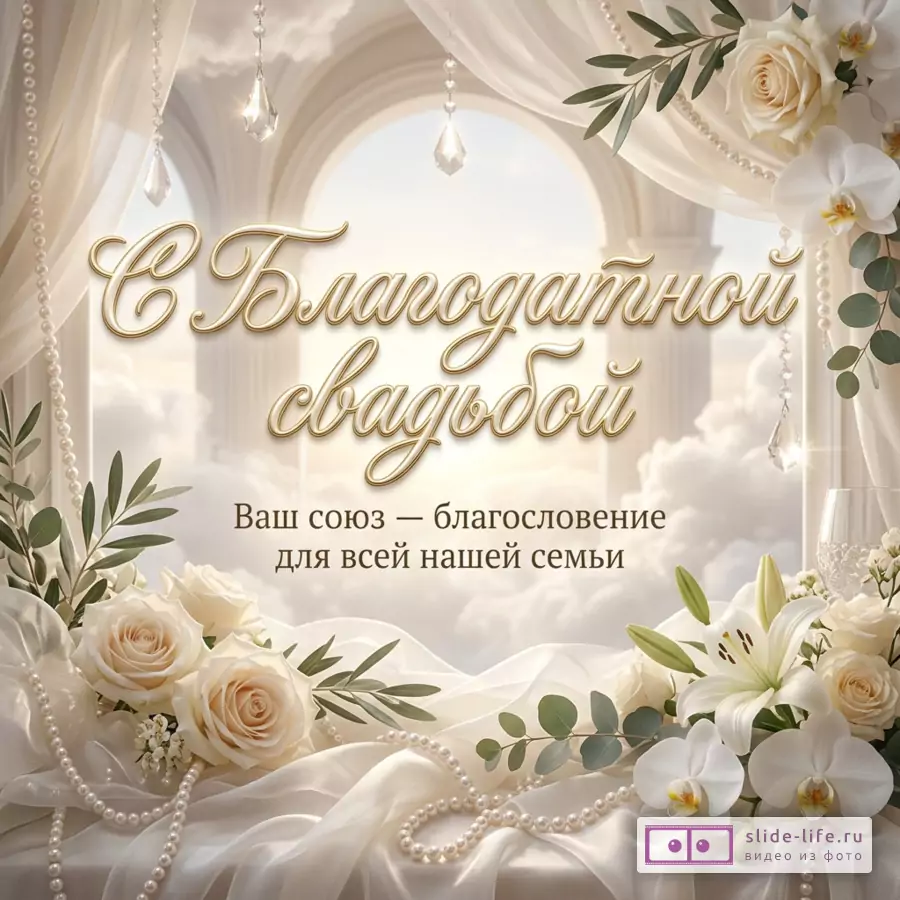 Светлый бежево-кремовый фон с арками и облаками, белые шторы, жемчужные нити, белые розы, лилии, орхидеи, зелень, бокал, текст «С Благодатной свадьбой Ваш союз — благословение для всей нашей семьи»