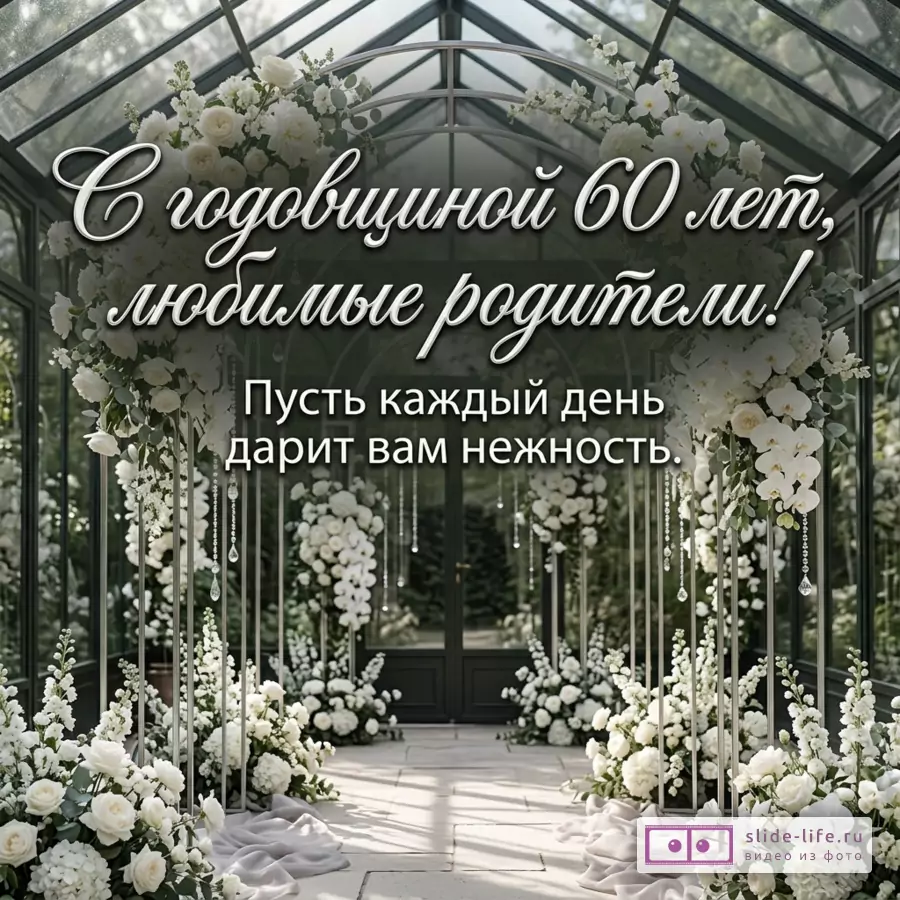 Стеклянная оранжерея с белой цветочной аркой, белые цветы, зелень, светлый пол, текст «С годовщиной 60 лет, любимые родители! Пусть каждый день дарит вам нежность.»