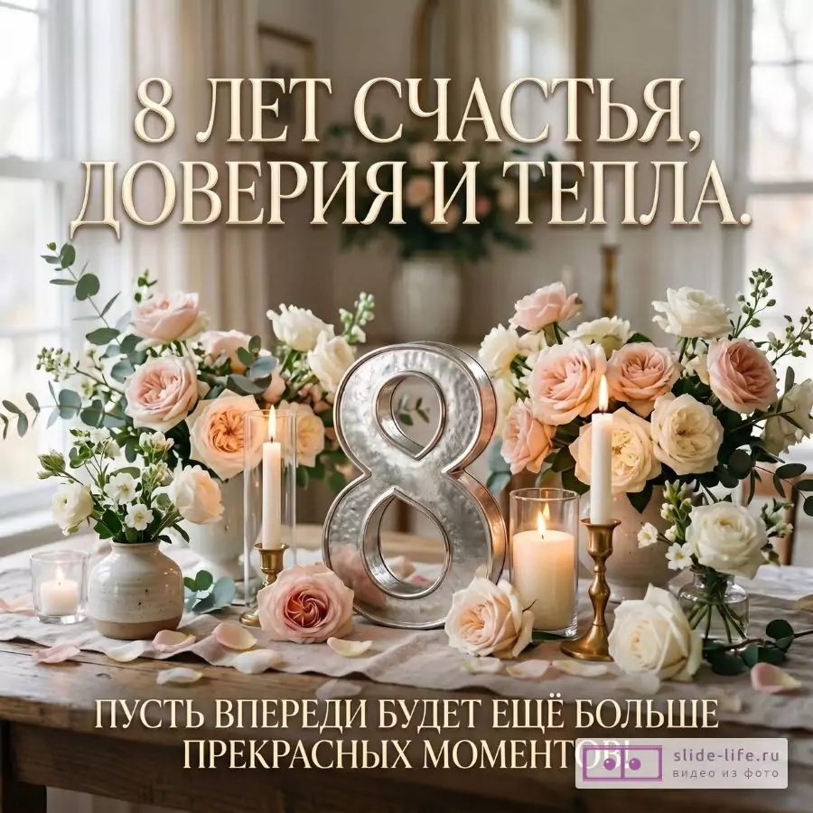 Светлый бежево-белый фон, розовые и белые розы, свечи и металлическая цифра 8, текст «8 ЛЕТ СЧАСТЬЯ, ДОВЕРИЯ И ТЕПЛА. ПУСТЬ ВПЕРЕДИ БУДЕТ ЕЩЁ БОЛЬШЕ ПРЕКРАСНЫХ МОМЕНТОВ!»