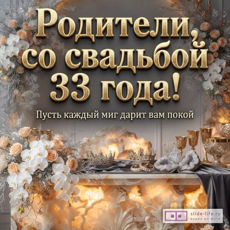 Темно-серый фон, золотые буквы, белые и персиковые цветы, серебристые ветки, золотые короны, кольца, бокалы. Текст: «Родители, со свадьбой 33 года! Пусть каждый миг дарит вам покой»