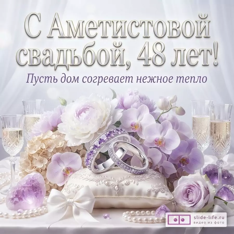 Фон светло-серый с размытыми бликами. В центре композиция из цветов сиреневых и белых оттенков, два бокала шампанского, жемчужные бусы, аметисты и два обручальных кольца на подушечке. Текст: «С Аметистовой свадьбой, 48 лет! Пусть дом согревает нежное тепло»