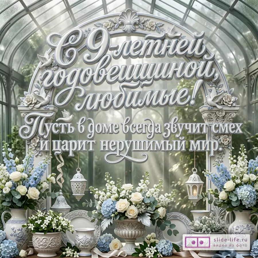 Открытка с текстом «С 9-летней годовщиной, любимые! Пусть в доме всегда звучит смех И царит нерушимый мир.» белая арка, голубые и белые цветы, голуби, фонари, фаянсовая посуда, зеленый фон