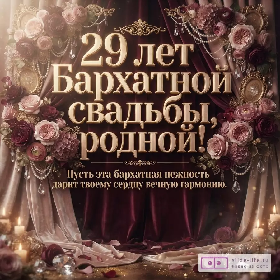 Бордовый фон, золотая рамка с цветами и жемчугом. Текст: «29 лет Бархатной свадьбы, родной! Пусть эта бархатная нежность дарит твоему сердцу вечную гармонию.»