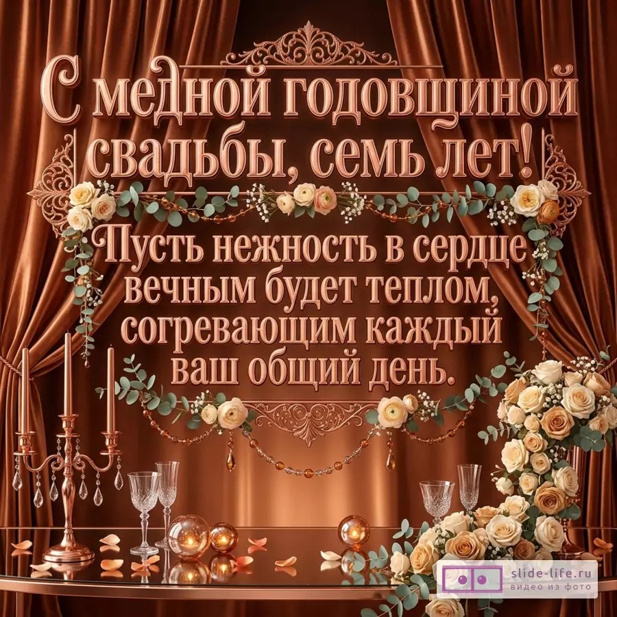 Медно-коричневая открытка с атласными шторами, цветочными гирляндами, свечами, бокалами, шарами и букетами роз, текст «С медной годовщиной свадьбы, семь лет! Пусть нежность в сердце...»