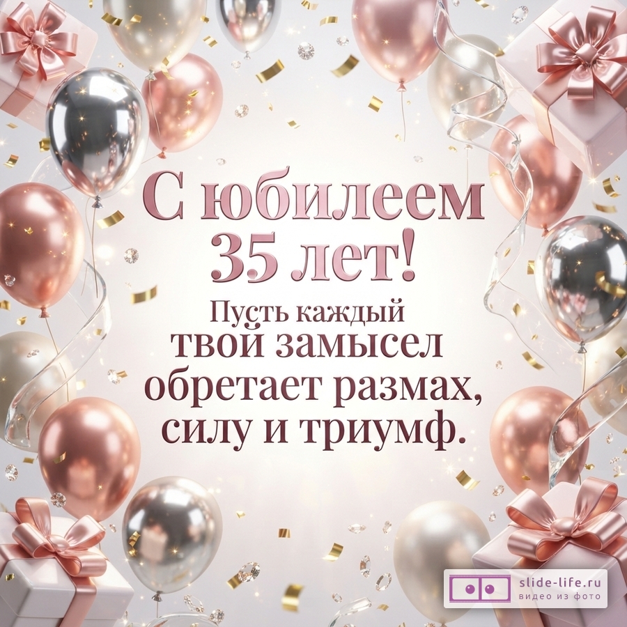 Воздушные шары цвета розового золота и серебра, подарочные коробки, конфетти и надпись «С юбилеем 35 лет! Пусть каждый твой замысел обретает размах, силу и триумф.»