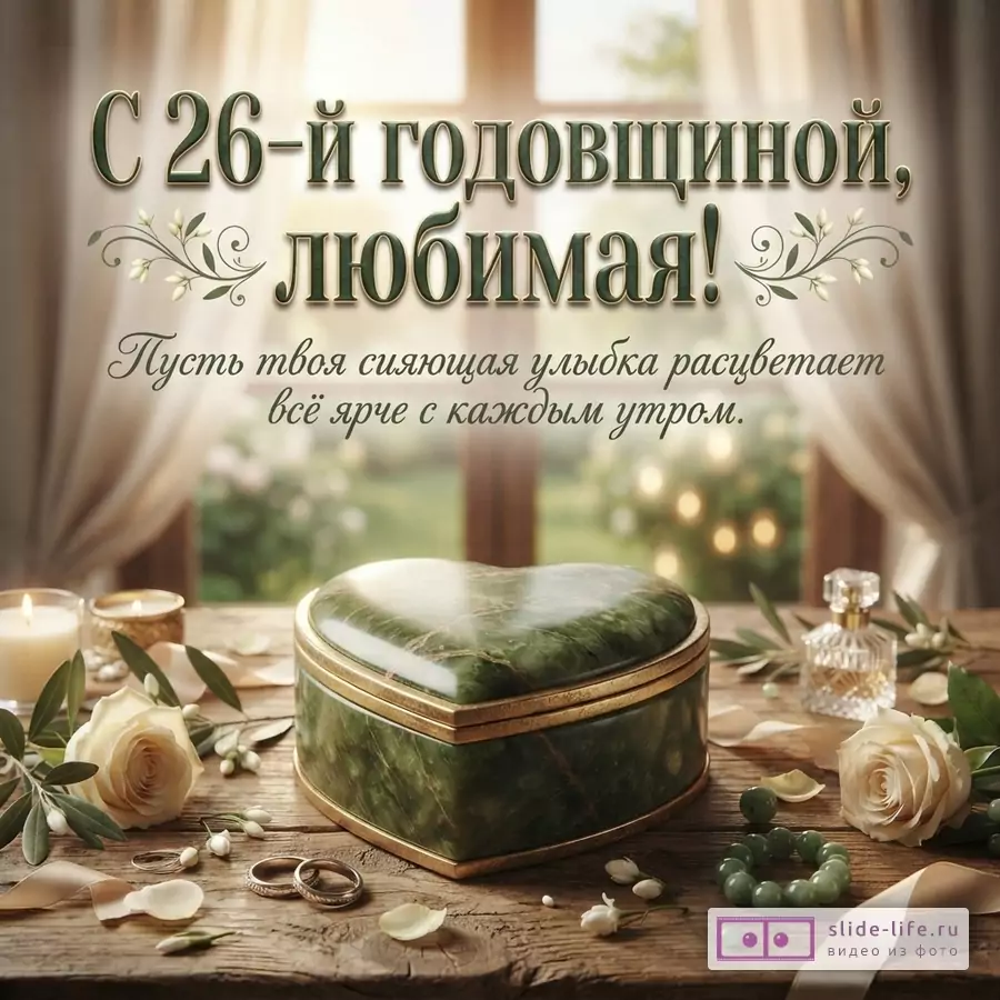 Открытка на нефритовую свадьбу с текстом «С 26-й годовщиной, любимая! Пусть твоя сияющая улыбка расцветает всё ярче с каждым утром.» на фоне деревянного стола с нефритовой шкатулкой в форме сердца, белыми розами и обручальными кольцами.