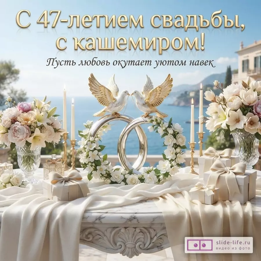 Стол с белой скатертью, на котором стоят букеты цветов, свечи, подарки в белых коробках, два обручальных кольца, украшенных белыми цветами, и две золотые фигурки голубей. На фоне море и горы. Текст: «С 47-летием свадьбы, с кашемиром! Пусть любовь окутает уютом навек.»