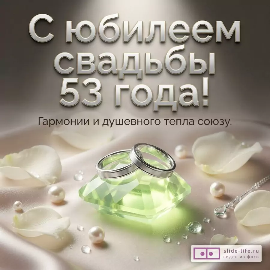Фон градиентный от темно-коричневого к светло-бежевому. В центре два серебряных обручальных кольца на зеленом ограненном камне. Вокруг белые лепестки, жемчужины и капли воды. Текст: «С юбилеем свадьбы 53 года! Гармонии и душевного тепла союзу.»