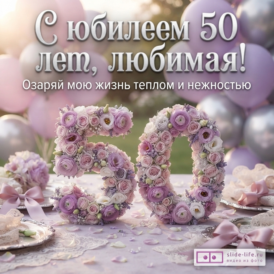 Открытка с розовыми и сиреневыми воздушными шарами на фоне, на переднем плане цифры «50» из цветов, на столе кружево и ленты. Текст: «С юбилеем 50 лет, любимая! Озаряй мою жизнь теплом и нежностью»