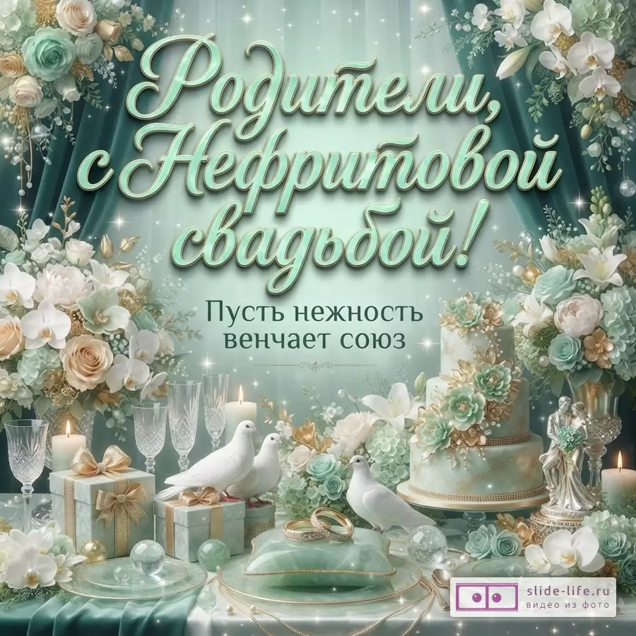 Мятно-зелёный фон с цветами, свечами, голубями, тортом и подарками. Текст «Родители, с Нефритовой свадьбой! Пусть нежность венчает союз.»