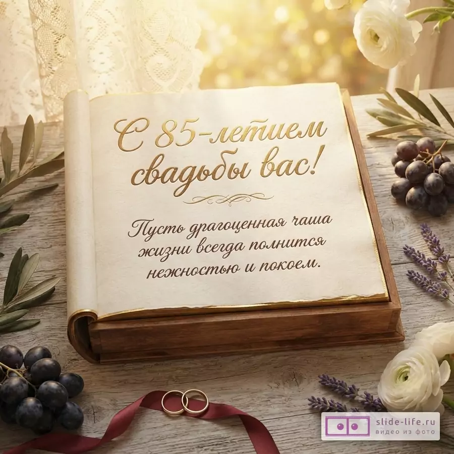 Открытая книга на деревянном столе с надписью «С 85-летием свадьбы вас!», обручальные кольца, виноград и белые цветы.
