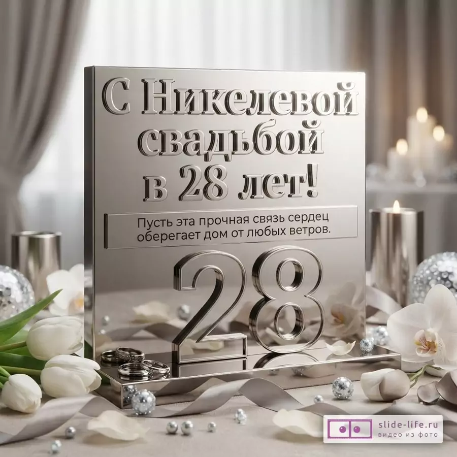 Серебристая табличка с надписью «С Никелевой свадьбой в 28 лет! Пусть эта прочная связь сердец оберегает дом от любых ветров.» и цифрами 28, на фоне белых цветов и свечей