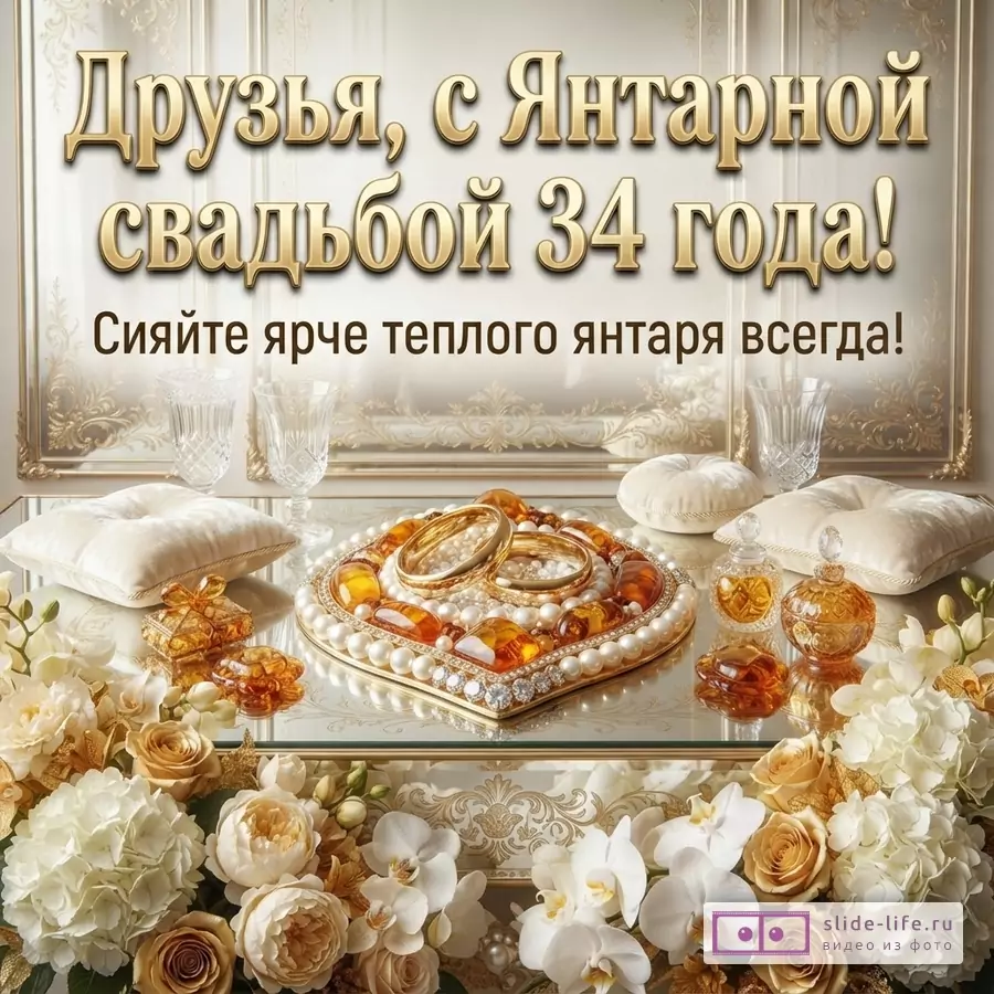 Открытка с бежевым фоном, золотыми рамками, золотыми буквами, янтарными украшениями, цветами. Текст: «Друзья, с Янтарной свадьбой 34 года! Сияйте ярче теплого янтаря всегда!»
