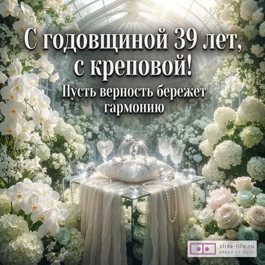 Фон из белых цветов, в центре стол с кольцами и бокалами. Текст: «С годовщиной 39 лет, с креповой! Пусть верность бережет гармонию»
