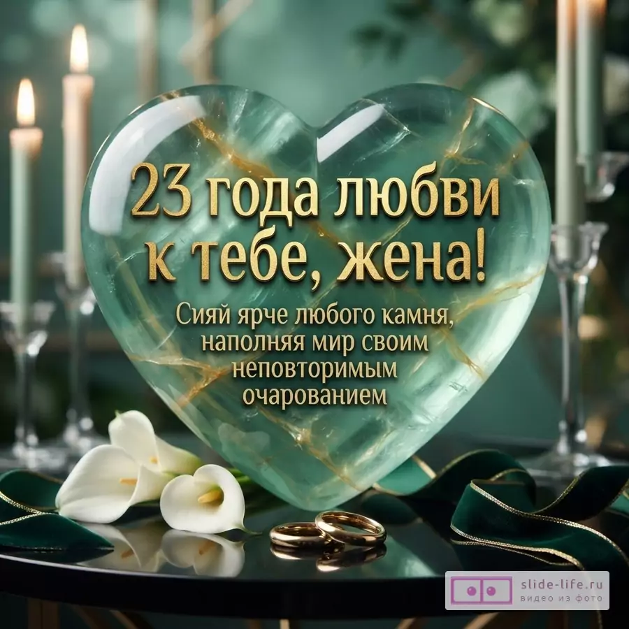 Зеленое сердце из минерала, обручальные кольца, белые каллы и свечи с текстом «23 года любви к тебе, жена! Сияй ярче любого камня, наполняя мир своим неповторимым очарованием».