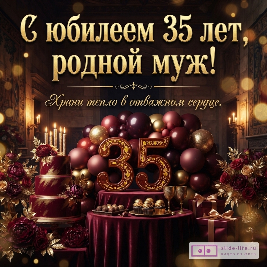 Праздничный стол с бордовым тортом, цифрой 35, шарами и надписью «С юбилеем 35 лет, родной муж! Храни тепло в отважном сердце.»