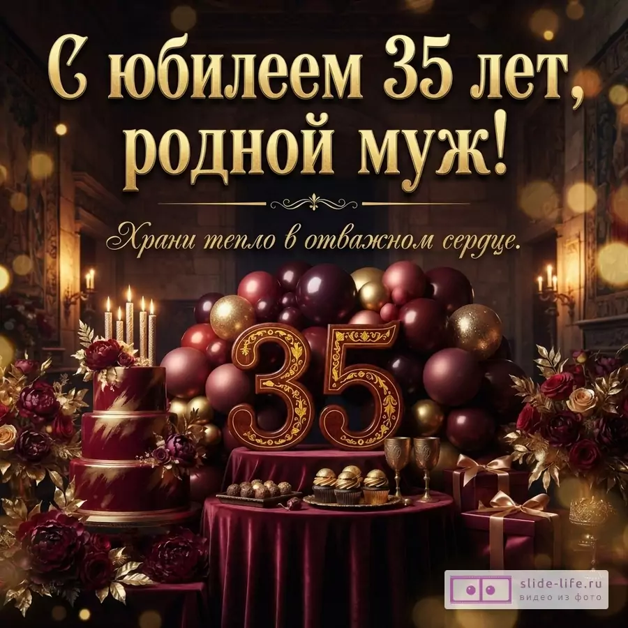 Праздничный стол с бордовым тортом, цифрой 35, шарами и надписью «С юбилеем 35 лет, родной муж! Храни тепло в отважном сердце.»