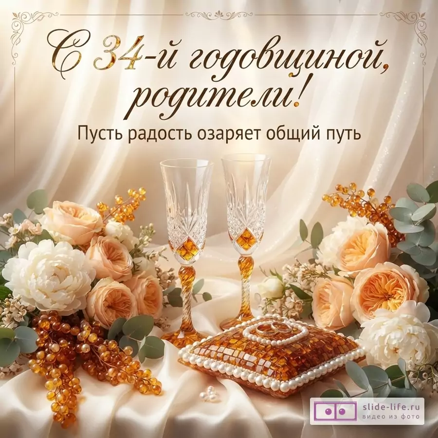 Бежевый фон, золотистые буквы, два бокала, цветы, янтарная подушечка с кольцами. Текст: «С 34-й годовщиной, родители! Пусть радость озаряет общий путь»