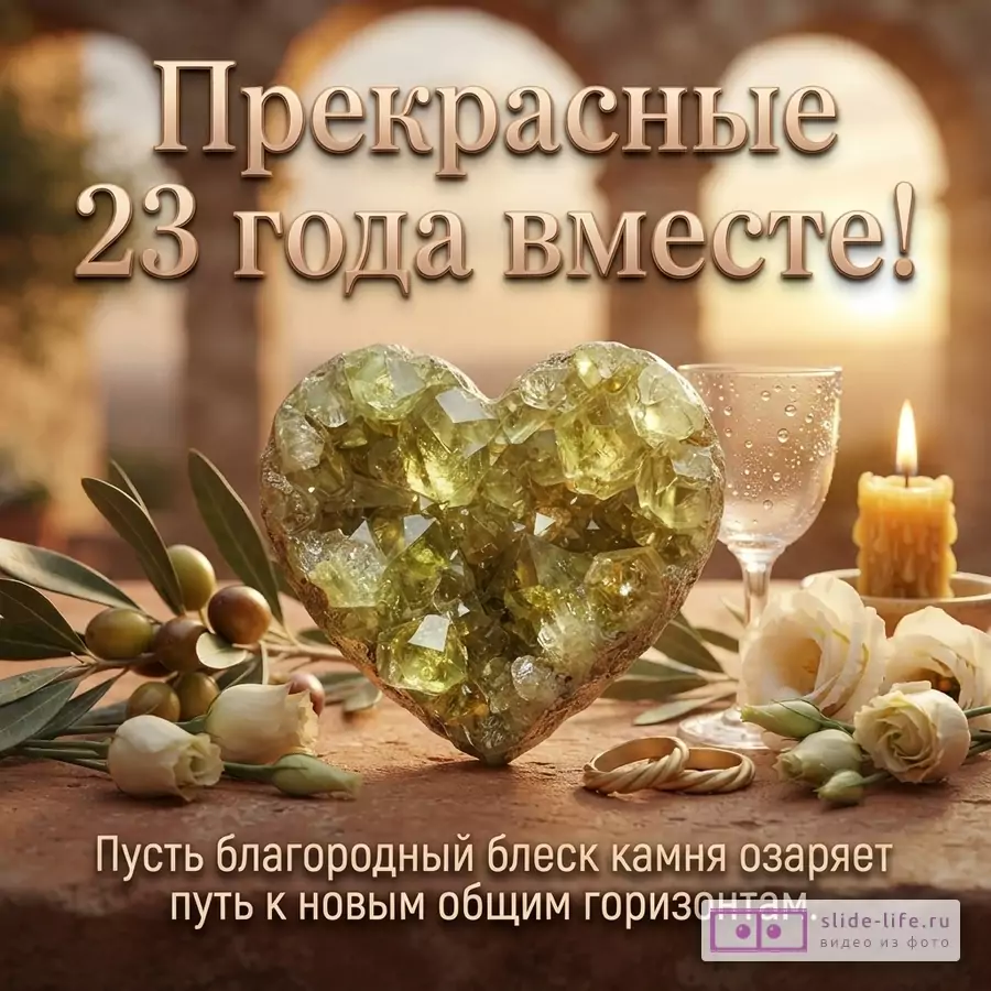 Сердце из зеленовато-желтого минерала, белые розы, обручальные кольца и свеча с текстом «Прекрасные 23 года вместе! Пусть благородный блеск камня озаряет путь к новым общим горизонтам.»