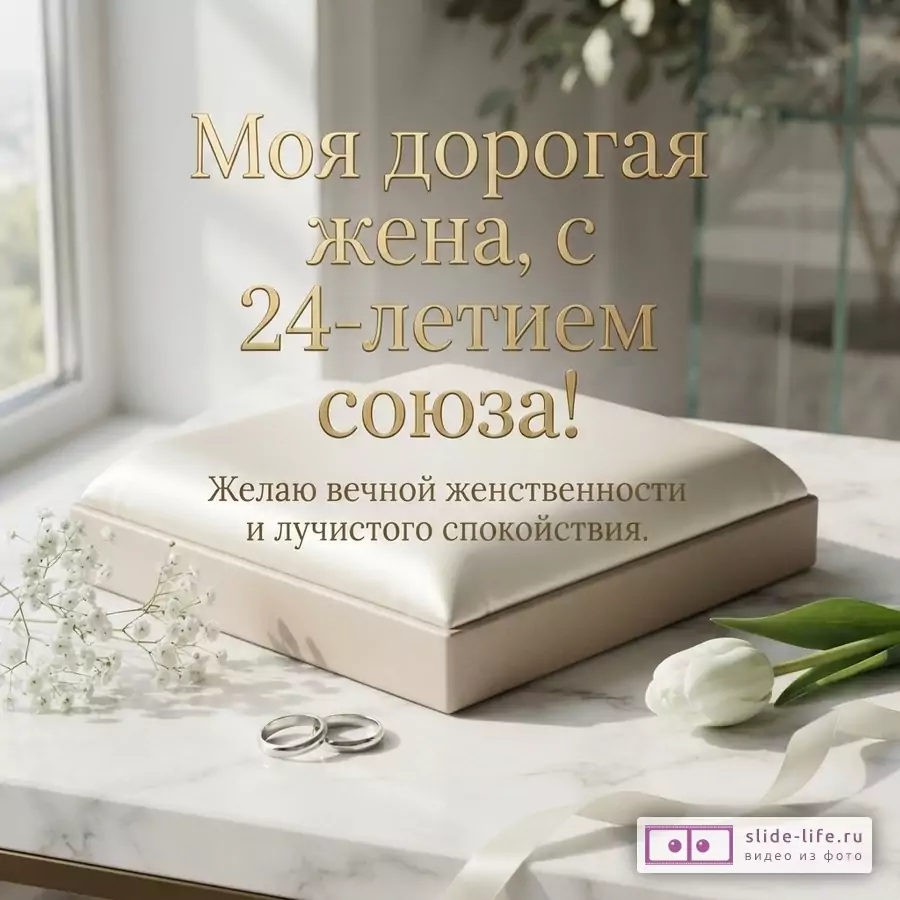Шелковая бежевая подушечка, обручальные кольца, белый тюльпан и текст «Моя дорогая жена, с 24-летием союза! Желаю вечной женственности и лучистого спокойствия.»