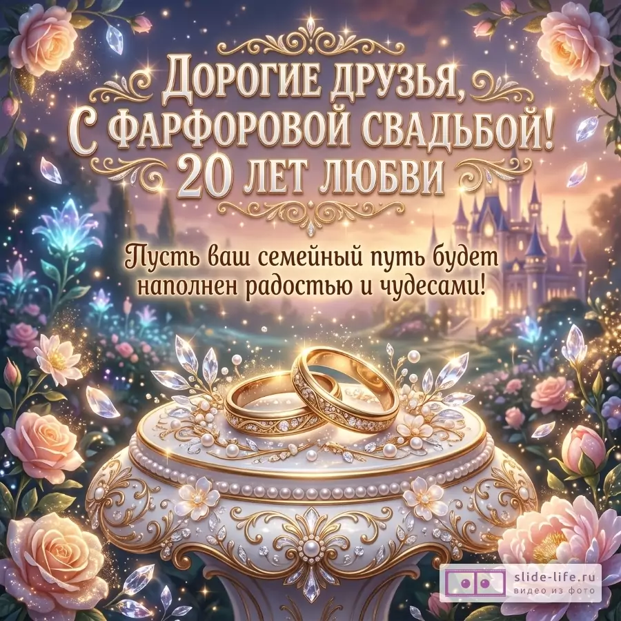 Фиолетово-золотистый фон, замок, розы, цветы и светящиеся кристаллы, шкатулка с узорами, жемчугом и двумя кольцами. Текст: «Дорогие друзья, С ФАРФОРОВОЙ СВАДЬБОЙ! 20 ЛЕТ ЛЮБВИ Пусть ваш семейный путь будет наполнен радостью и чудесами!»
