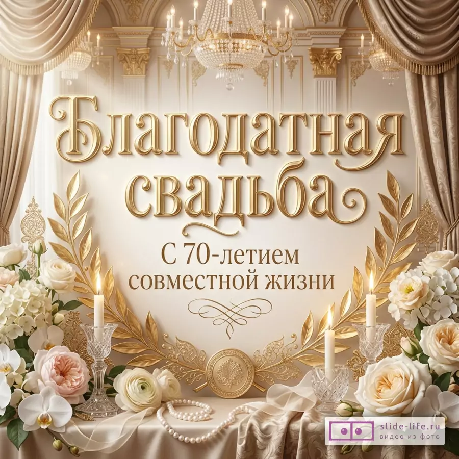 Торжественная открытка в бежево-золотых тонах с люстрами, колоннами, шторами, цветами, свечами и надписью «Благодатная свадьба, с 70-летием совместной жизни»