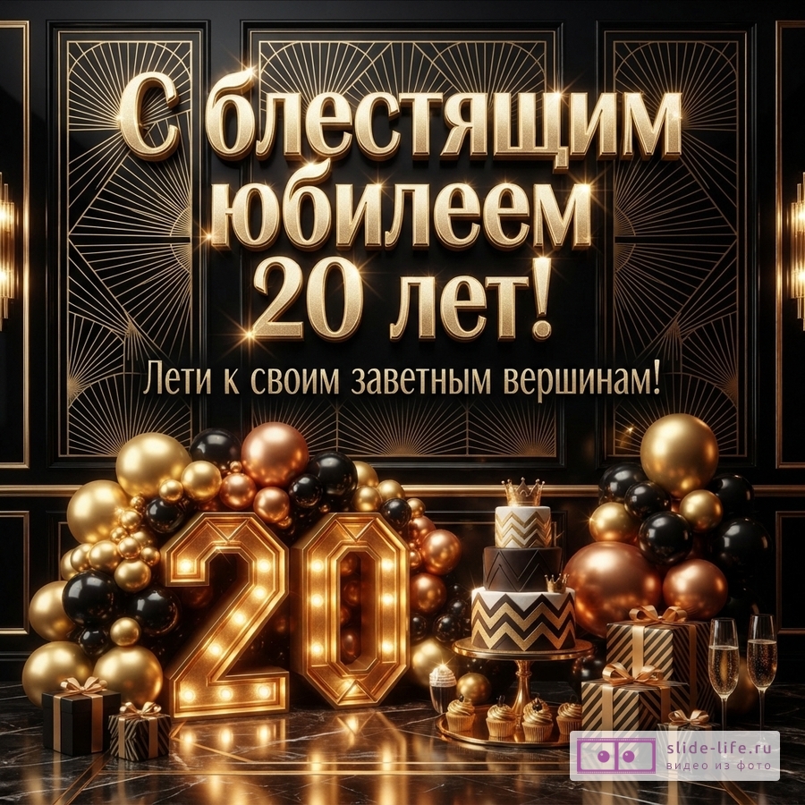 Черно-золотая открытка с текстом «С блестящим юбилеем 20 лет!» и «Лети к своим заветным вершинам!». На переднем плане золотые шары, цифры 20 с подсветкой, торт, подарки и бокалы с шампанским.