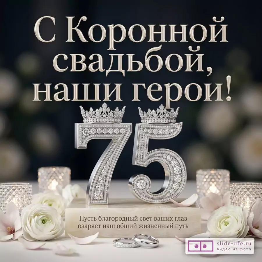 Бриллиантовая цифра 75 с коронами, обручальные кольца, белые ранункулюсы и надпись: «С Коронной свадьбой, наши герои!»