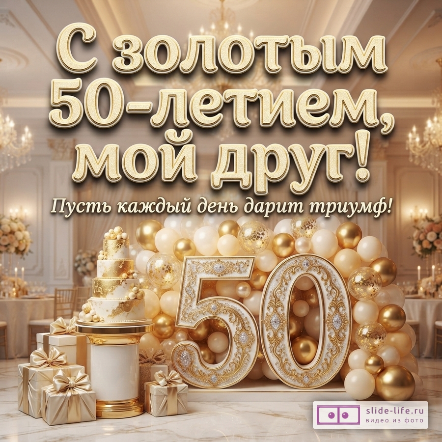 Золотой фон, золотые шары, золотой торт, золотые подарки, цифра 50. Текст: «С золотым 50-летием, мой друг! Пусть каждый день дарит триумф!»