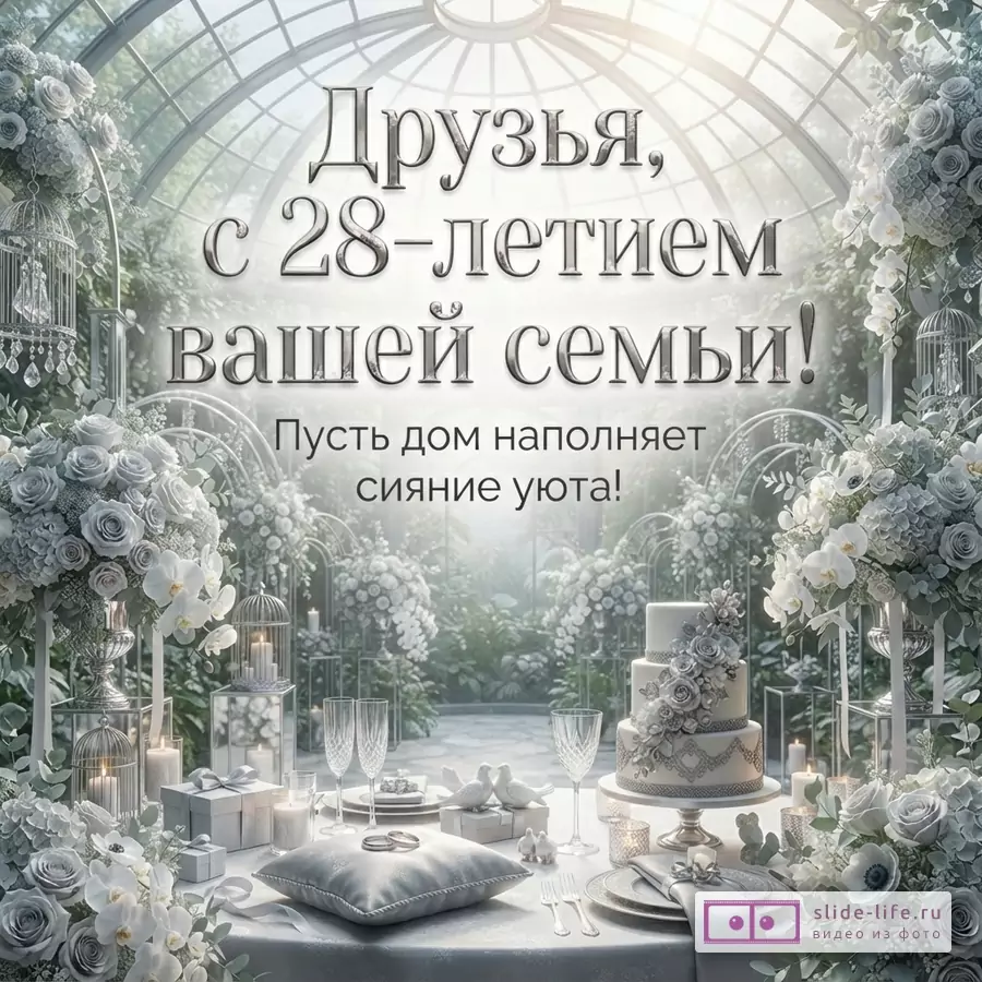 Открытка с белым фоном, на котором изображен праздничный стол с тортом, цветами и свечами. Текст «Друзья, с 28-летием вашей семьи! Пусть дом наполняет сияние уюта!»