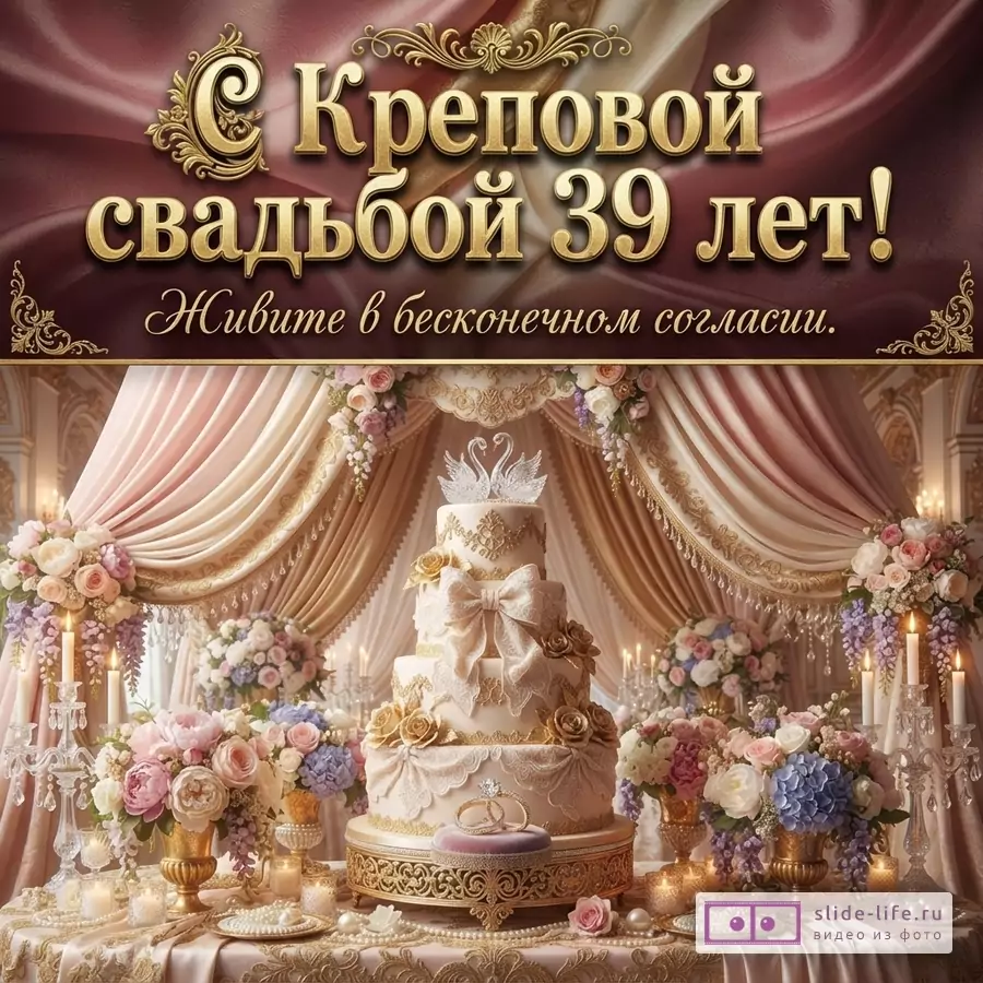 Фон бордово-золотой, внизу свадебный торт, цветы, свечи. Надпись «С Креповой свадьбой 39 лет! Живите в бесконечном согласии.»