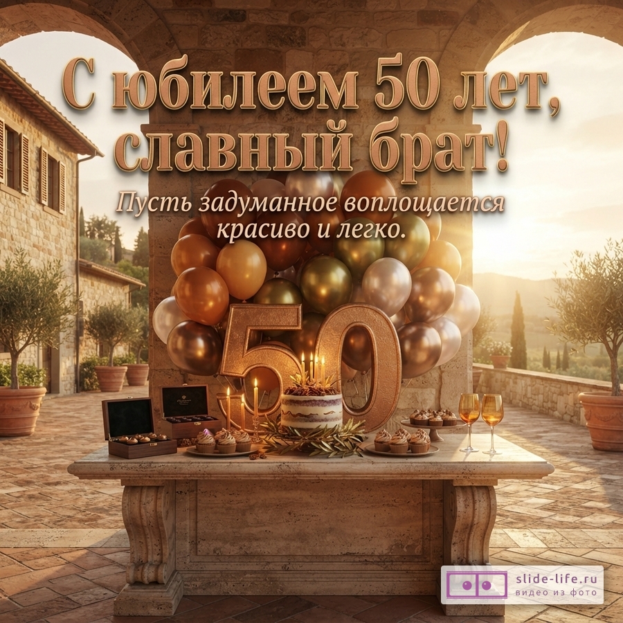 Открытка с аркой и пейзажем, на переднем плане каменный стол с тортом, шарами, свечами и бокалами. Текст: «С юбилеем 50 лет, славный брат! Пусть задуманное воплощается красиво и легко.»