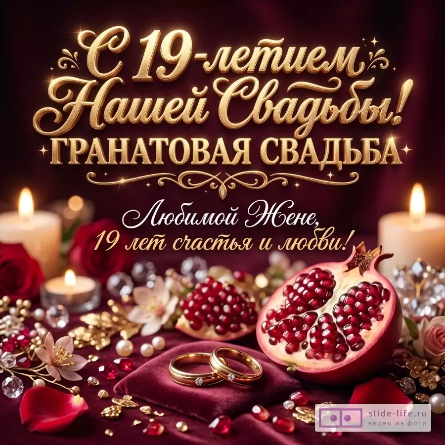 Бордовый фон, золотые надписи «С 19-летием Нашей Свадьбы! ГРАНАТОВАЯ СВАДЬБА Любимой Жене, 19 лет счастья и любви!», гранаты, обручальные кольца, свечи, розы, жемчуг.